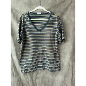 Vintage Trend Basics Striped V-Neck Tee in Fall Colors (SIZE: 2X Estimate)